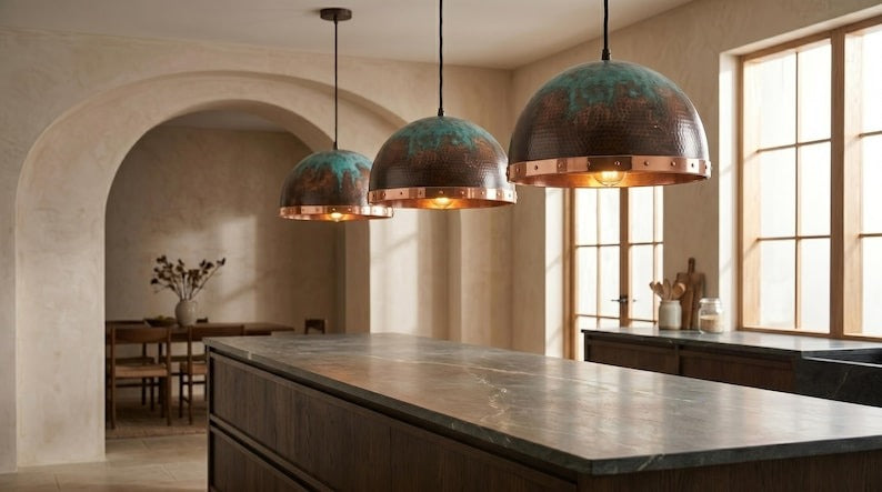 Handmade Brass Moroccan Dome Pendant Light – Dark Hammered Brass Hanging Lamp with Verdigris Patina & Polished Copper Riveted Band, Rustic Kitchen Island Ceiling Fixture