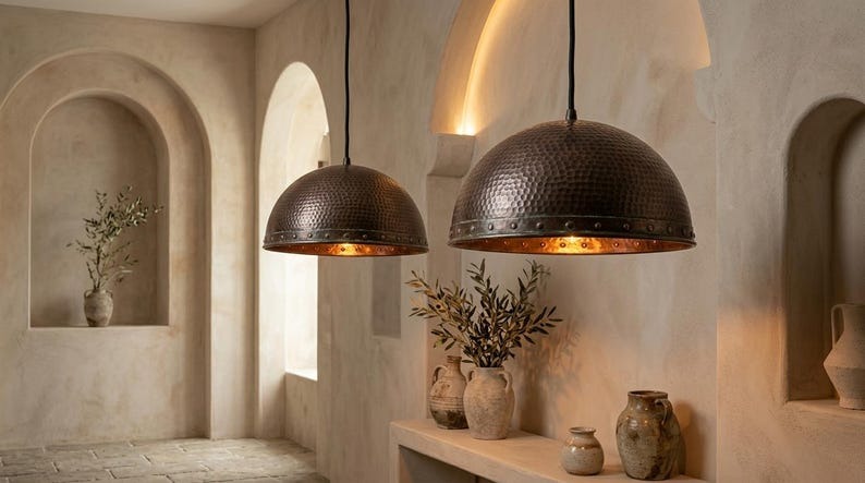 Handmade Brass Moroccan Dome Pendant Light – Dark Hammered Brass Hanging Lamp with Riveted Band & Copper Interior, Rustic Kitchen Island Ceiling Fixture