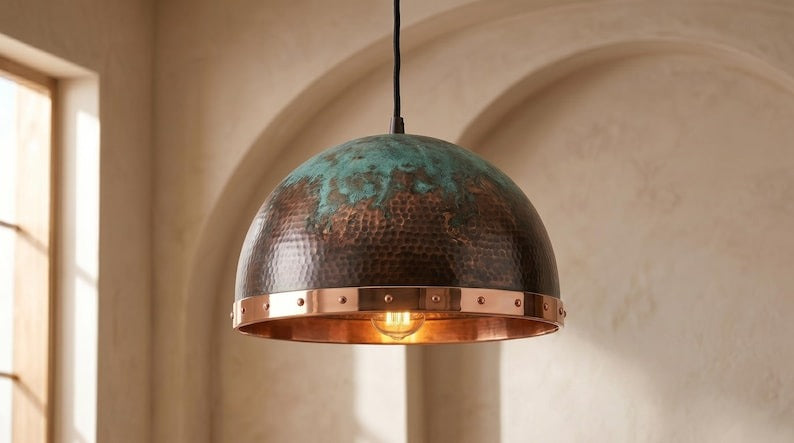 Handmade Brass Moroccan Dome Pendant Light – Dark Hammered Brass Hanging Lamp with Verdigris Patina & Polished Copper Riveted Band, Rustic Kitchen Island Ceiling Fixture