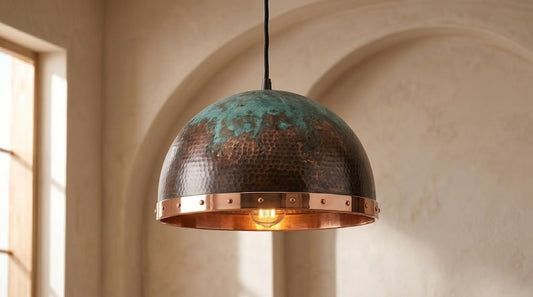 Handmade Brass Moroccan Dome Pendant Light – Dark Hammered Brass Hanging Lamp with Verdigris Patina & Polished Copper Riveted Band, Rustic Kitchen Island Ceiling Fixture