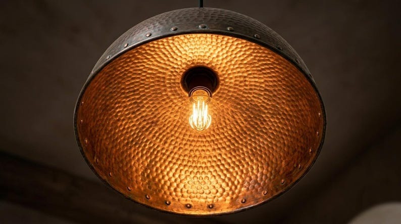 Handmade Brass Moroccan Dome Pendant Light – Dark Hammered Brass Hanging Lamp with Riveted Band & Copper Interior, Rustic Kitchen Island Ceiling Fixture