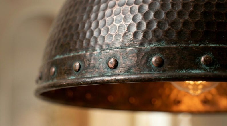 Handmade Brass Moroccan Dome Pendant Light – Dark Hammered Brass Hanging Lamp with Riveted Band & Copper Interior, Rustic Kitchen Island Ceiling Fixture