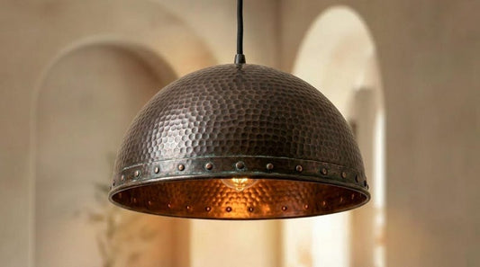 Handmade Brass Moroccan Dome Pendant Light – Dark Hammered Brass Hanging Lamp with Riveted Band & Copper Interior, Rustic Kitchen Island Ceiling Fixture
