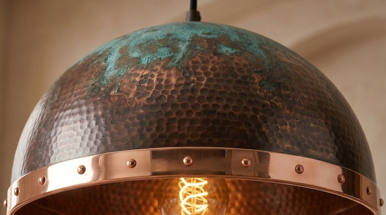 Handmade Brass Moroccan Dome Pendant Light – Dark Hammered Brass Hanging Lamp with Verdigris Patina & Polished Copper Riveted Band, Rustic Kitchen Island Ceiling Fixture