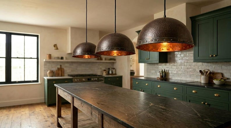 Handmade Brass Moroccan Dome Pendant Light – Dark Hammered Brass Hanging Lamp with Riveted Band & Copper Interior, Rustic Kitchen Island Ceiling Fixture