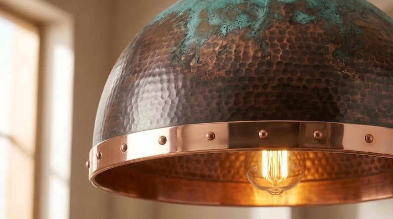 Handmade Brass Moroccan Dome Pendant Light – Dark Hammered Brass Hanging Lamp with Verdigris Patina & Polished Copper Riveted Band, Rustic Kitchen Island Ceiling Fixture
