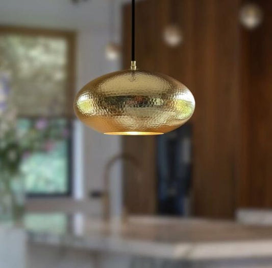 Handmade Hammered Brass Pendant Light – Moroccan Gold Saucer Pendant Lamp for Kitchen Island, Dining Room & Boho Home Décor