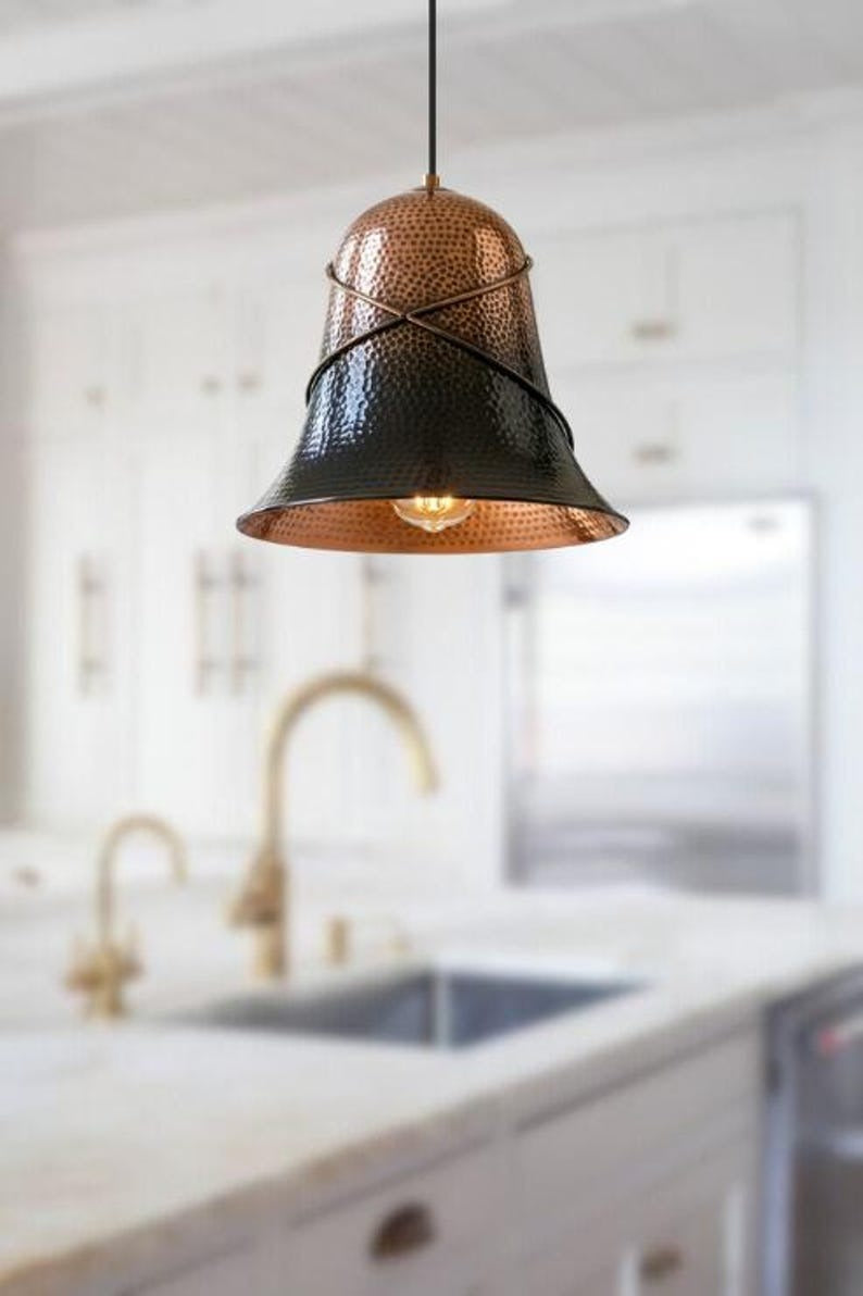 Handmade Two Tone Brass Pendant Light – Moroccan Copper & Black Bell Hanging Lamp with Perforated Hammered Pattern for Kitchen Island, Dining Room & Boho Home Décor