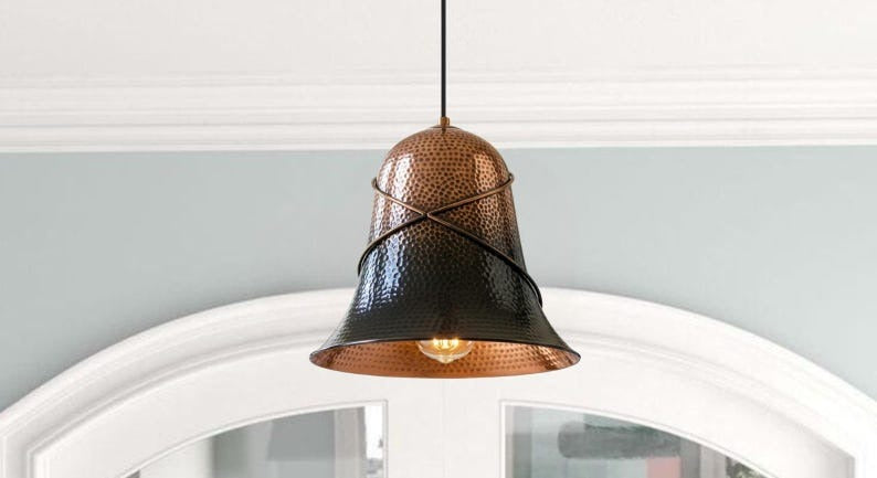 Handmade Two Tone Brass Pendant Light – Moroccan Copper & Black Bell Hanging Lamp with Perforated Hammered Pattern for Kitchen Island, Dining Room & Boho Home Décor