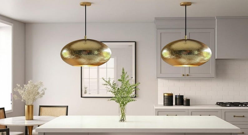 Handmade Hammered Brass Pendant Light – Moroccan Gold Saucer Pendant Lamp for Kitchen Island, Dining Room & Boho Home Décor