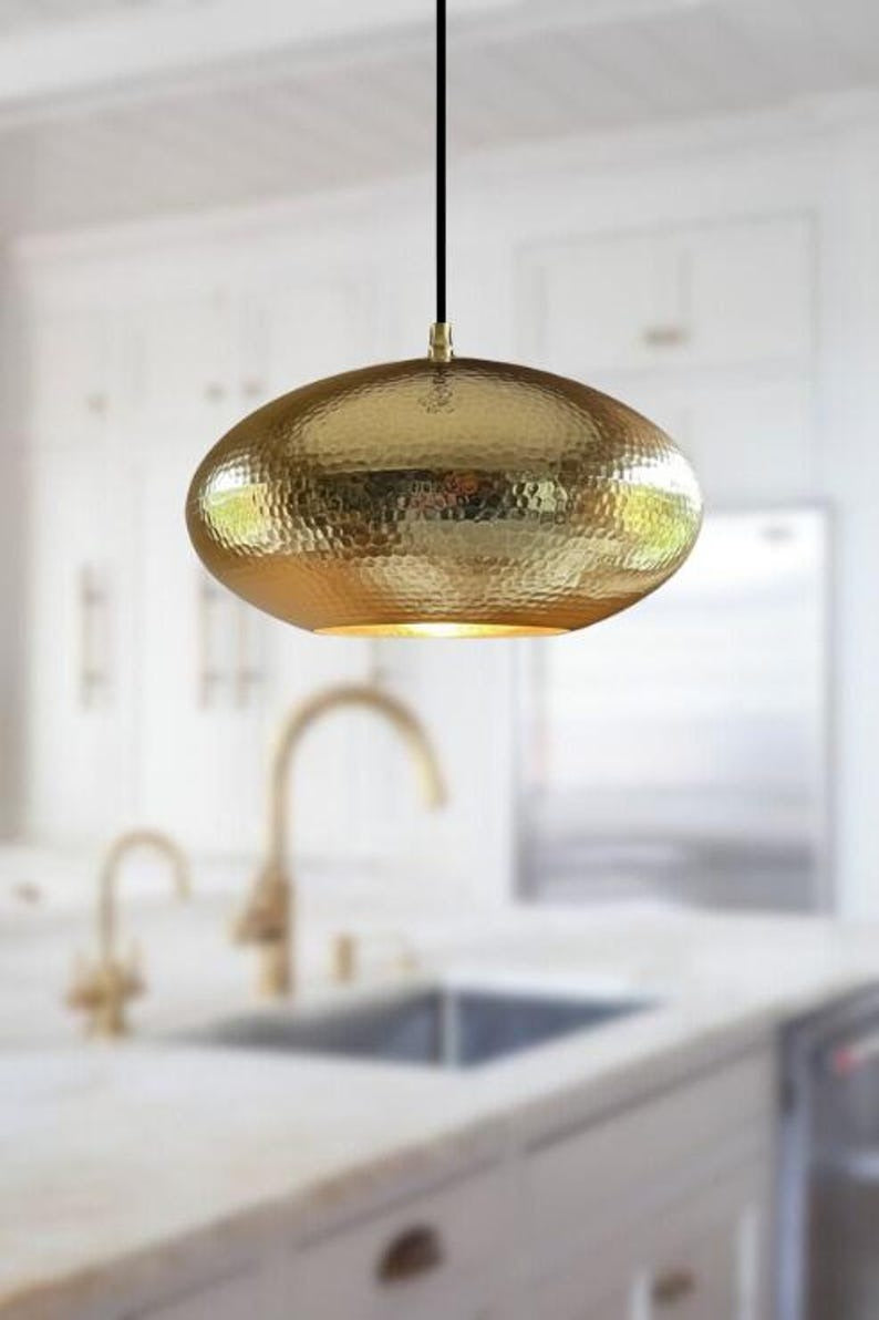 Handmade Hammered Brass Pendant Light – Moroccan Gold Saucer Pendant Lamp for Kitchen Island, Dining Room & Boho Home Décor