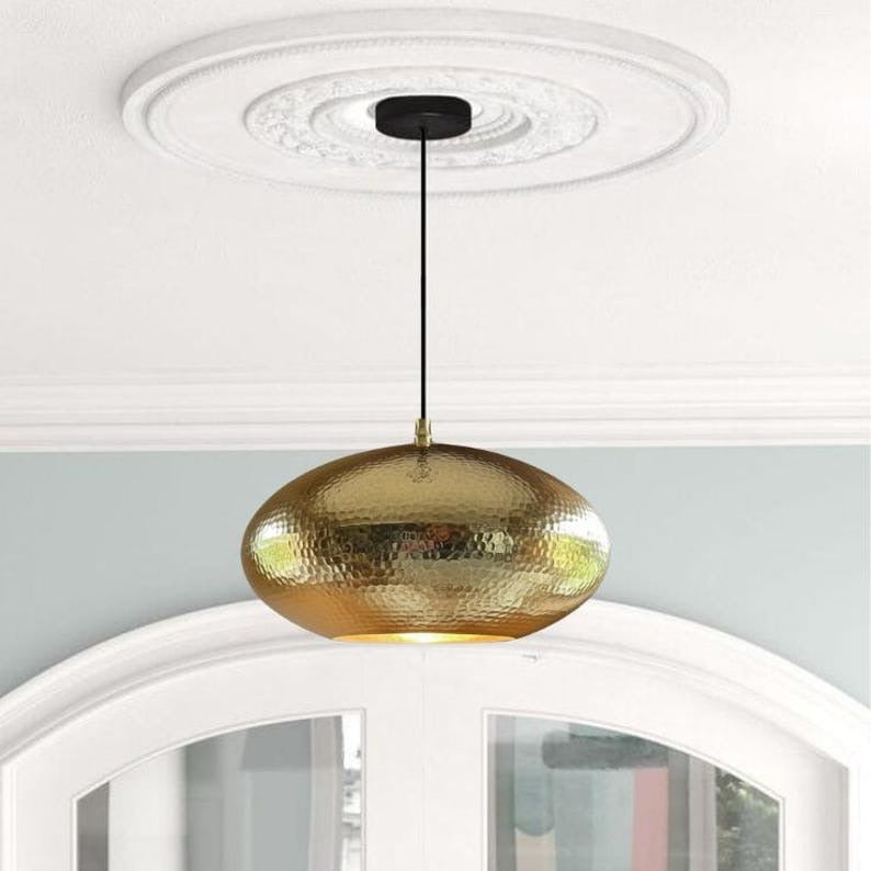 Handmade Hammered Brass Pendant Light – Moroccan Gold Saucer Pendant Lamp for Kitchen Island, Dining Room & Boho Home Décor