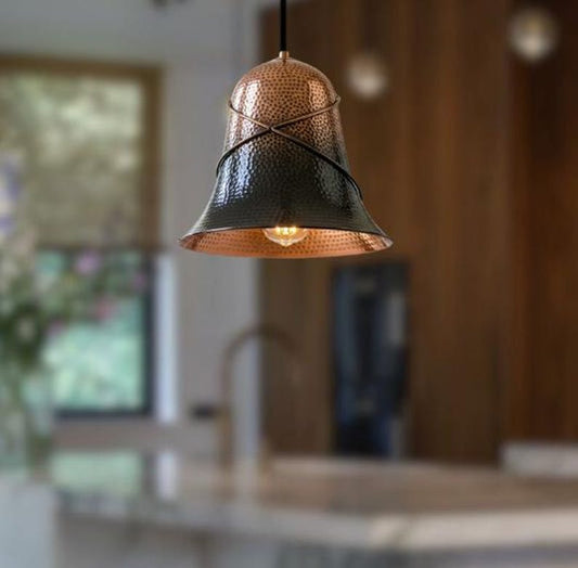 Handmade Two Tone Brass Pendant Light – Moroccan Copper & Black Bell Hanging Lamp with Perforated Hammered Pattern for Kitchen Island, Dining Room & Boho Home Décor