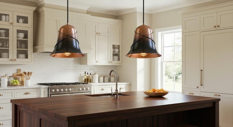 Handmade Two Tone Brass Pendant Light – Moroccan Copper & Black Bell Hanging Lamp with Perforated Hammered Pattern for Kitchen Island, Dining Room & Boho Home Décor
