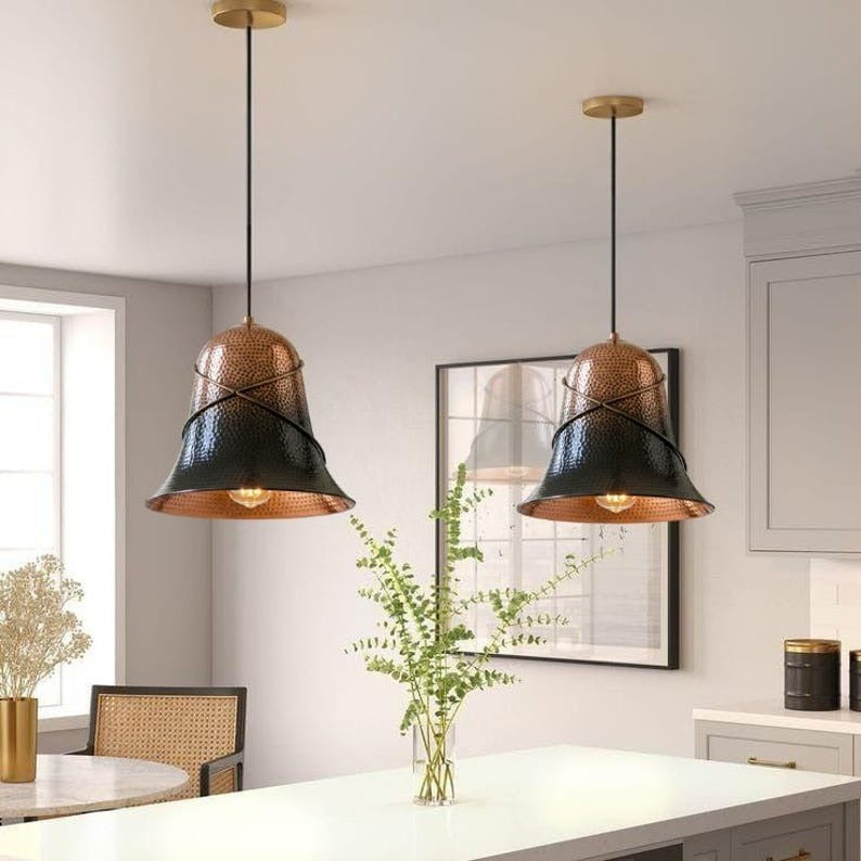 Handmade Two Tone Brass Pendant Light – Moroccan Copper & Black Bell Hanging Lamp with Perforated Hammered Pattern for Kitchen Island, Dining Room & Boho Home Décor
