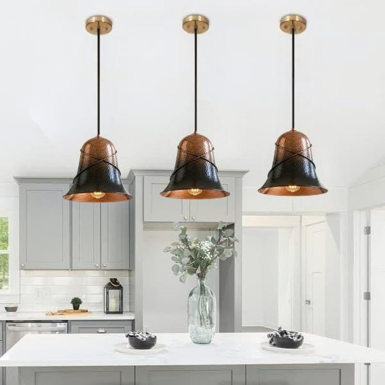 Handmade Two Tone Brass Pendant Light – Moroccan Copper & Black Bell Hanging Lamp with Perforated Hammered Pattern for Kitchen Island, Dining Room & Boho Home Décor