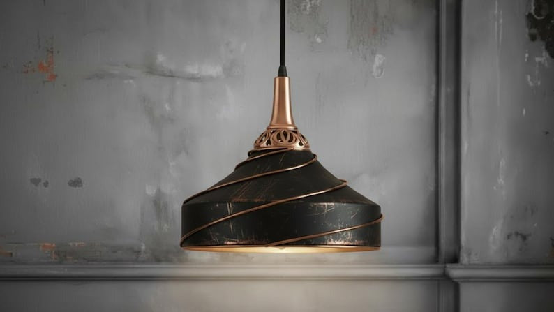 Handmade Moroccan Brass Pendant Light – Black Spiral Dome Ceiling Lamp with Antique Copper Trim and Decorative Pierced Neck