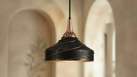 Handmade Moroccan Brass Pendant Light – Black Spiral Dome Ceiling Lamp with Antique Copper Trim and Decorative Pierced Neck