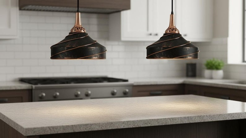 Handmade Moroccan Brass Pendant Light – Black Spiral Dome Ceiling Lamp with Antique Copper Trim and Decorative Pierced Neck