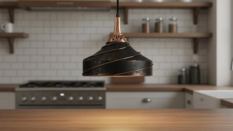 Handmade Moroccan Brass Pendant Light – Black Spiral Dome Ceiling Lamp with Antique Copper Trim and Decorative Pierced Neck