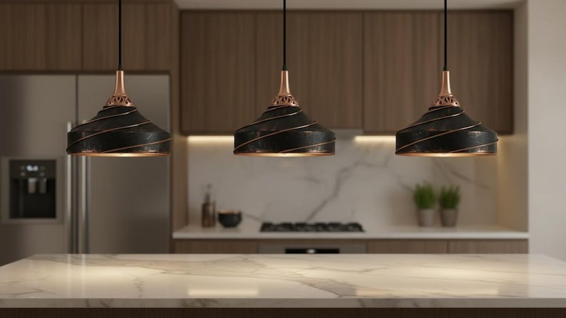 Handmade Moroccan Brass Pendant Light – Black Spiral Dome Ceiling Lamp with Antique Copper Trim and Decorative Pierced Neck