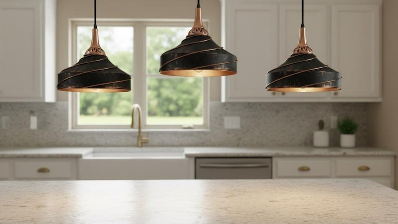 Handmade Moroccan Brass Pendant Light – Black Spiral Dome Ceiling Lamp with Antique Copper Trim and Decorative Pierced Neck