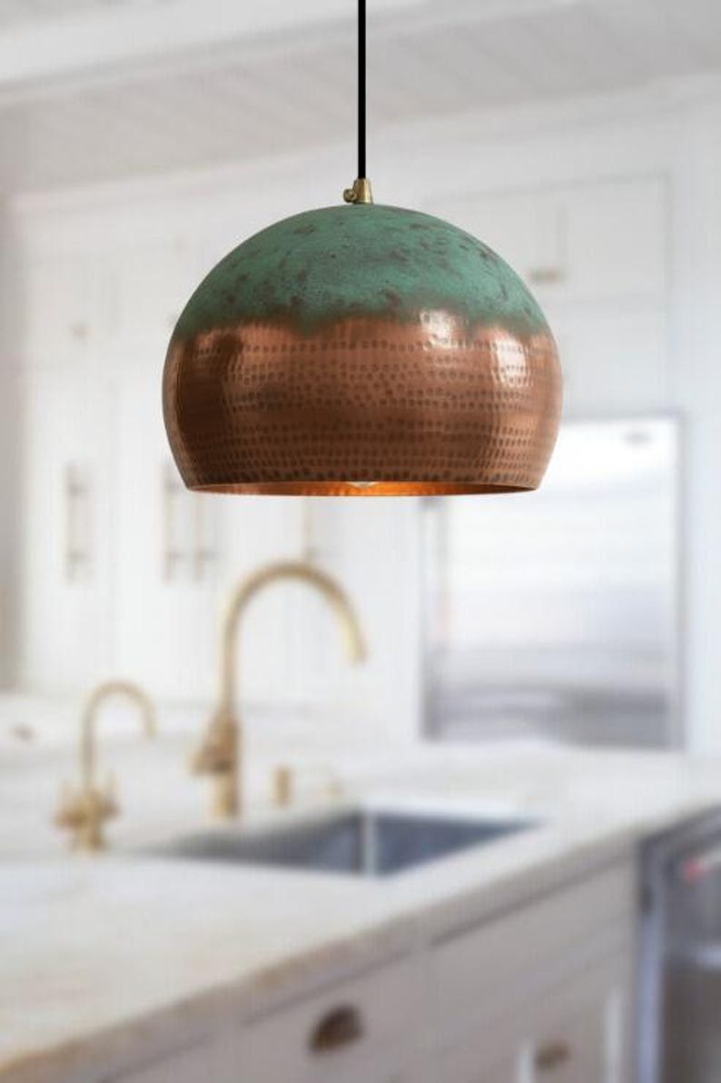 Handmade Brass Pendant Light – Moroccan Globe Hanging Lamp with Spiral Ribbed Design for Kitchen Island, Dining Room & Boho Home Décor