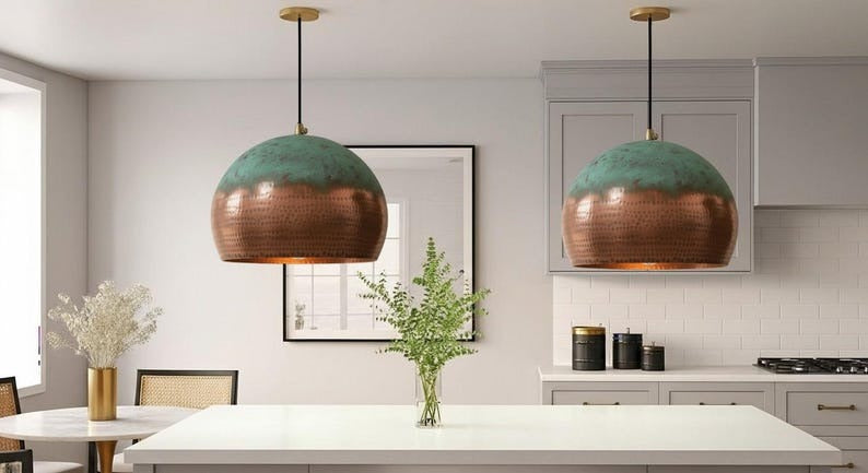 Handmade Brass Pendant Light – Moroccan Globe Hanging Lamp with Spiral Ribbed Design for Kitchen Island, Dining Room & Boho Home Décor