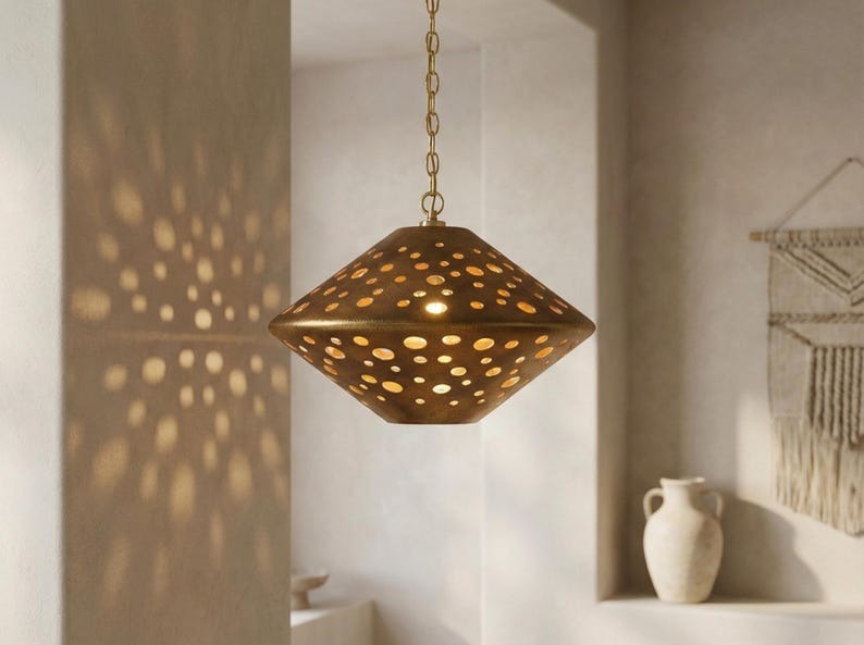 Moroccan Pierced Brass Diamond Pendant Light – Geometric Cutout Lantern Chandelier with Shadow Pattern
