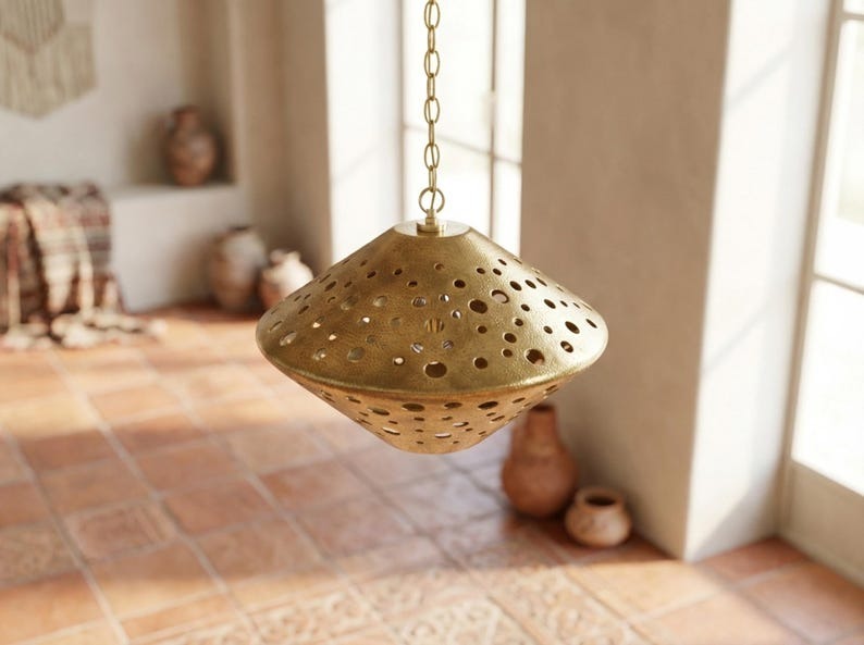 Moroccan Pierced Brass Diamond Pendant Light – Geometric Cutout Lantern Chandelier with Shadow Pattern