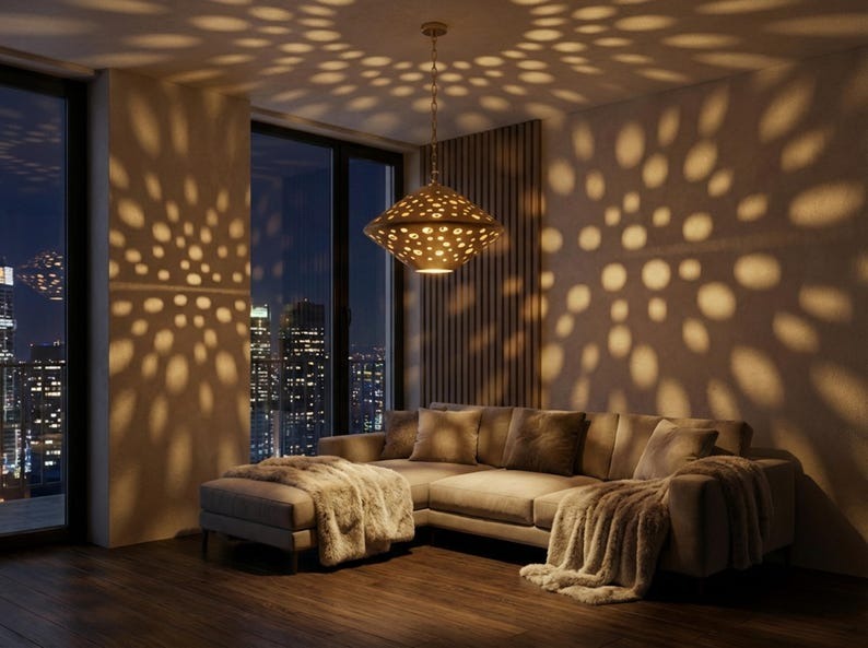 Moroccan Pierced Brass Diamond Pendant Light – Geometric Cutout Lantern Chandelier with Shadow Pattern