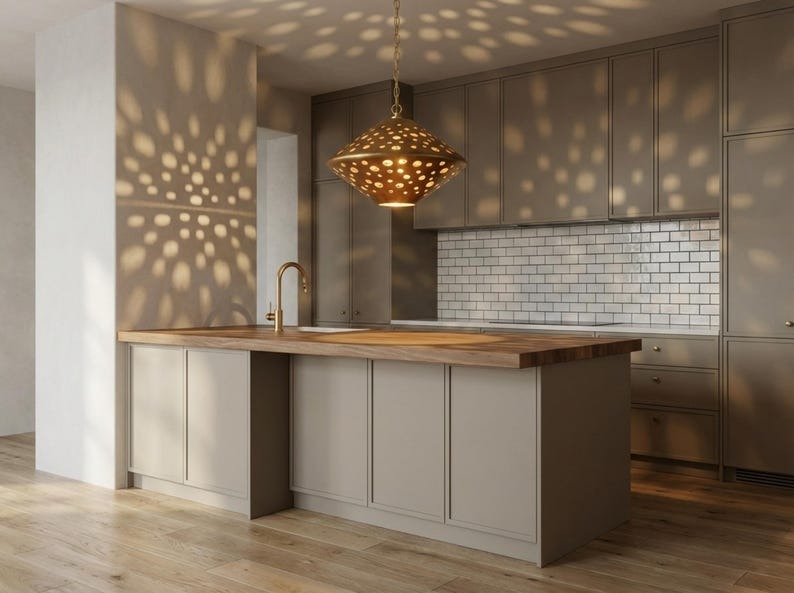 Moroccan Pierced Brass Diamond Pendant Light – Geometric Cutout Lantern Chandelier with Shadow Pattern