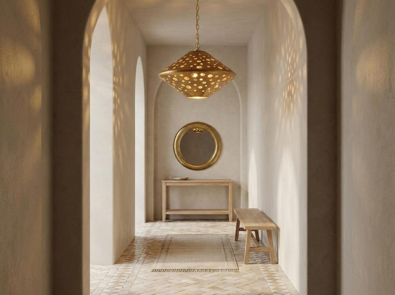 Moroccan Pierced Brass Diamond Pendant Light – Geometric Cutout Lantern Chandelier with Shadow Pattern