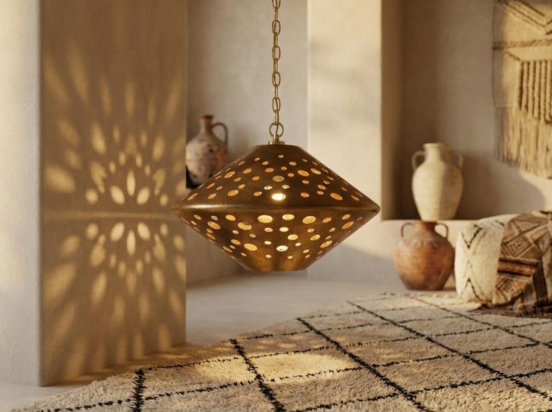 Moroccan Pierced Brass Diamond Pendant Light – Geometric Cutout Lantern Chandelier with Shadow Pattern