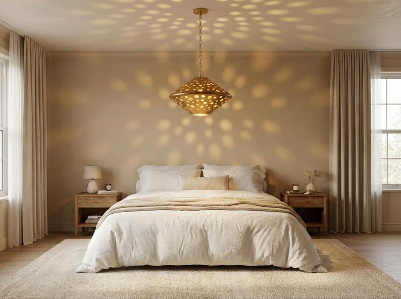 Moroccan Pierced Brass Diamond Pendant Light – Geometric Cutout Lantern Chandelier with Shadow Pattern