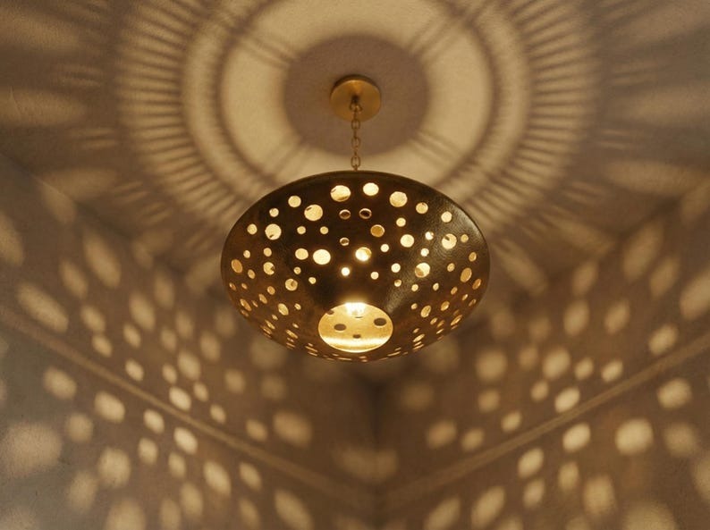 Moroccan Pierced Brass Diamond Pendant Light – Geometric Cutout Lantern Chandelier with Shadow Pattern
