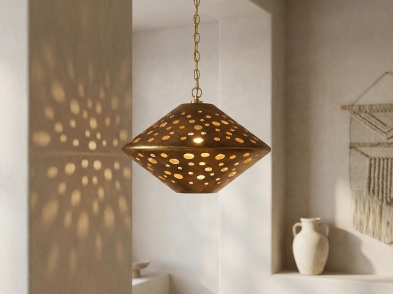 Moroccan Pierced Brass Diamond Pendant Light – Geometric Cutout Lantern Chandelier with Shadow Pattern