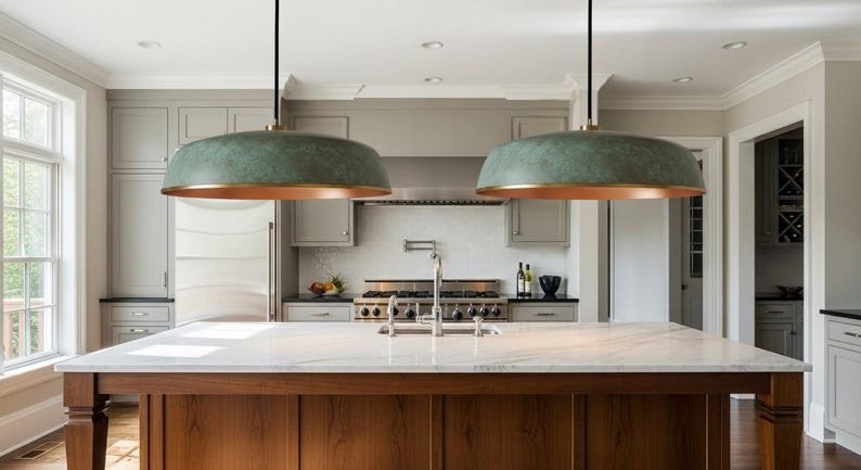 Green Patina Copper Saucer Pendant Light, Handmade Moroccan Wide Dome Hanging Lamp, Rustic Verdigris Copper Kitchen Island Chandelier, Boho Farmhouse Ceiling Light Fixture