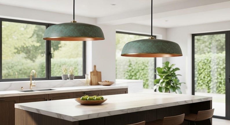Green Patina Copper Saucer Pendant Light, Handmade Moroccan Wide Dome Hanging Lamp, Rustic Verdigris Copper Kitchen Island Chandelier, Boho Farmhouse Ceiling Light Fixture