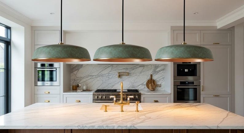 Green Patina Copper Saucer Pendant Light, Handmade Moroccan Wide Dome Hanging Lamp, Rustic Verdigris Copper Kitchen Island Chandelier, Boho Farmhouse Ceiling Light Fixture