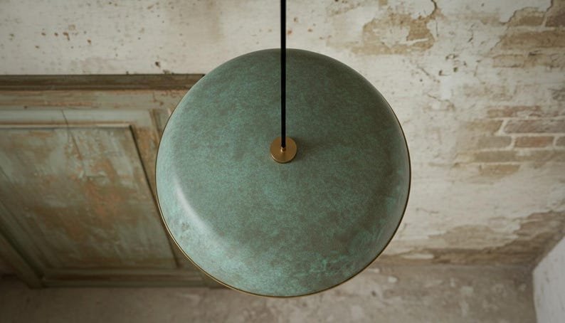 Green Patina Copper Saucer Pendant Light, Handmade Moroccan Wide Dome Hanging Lamp, Rustic Verdigris Copper Kitchen Island Chandelier, Boho Farmhouse Ceiling Light Fixture