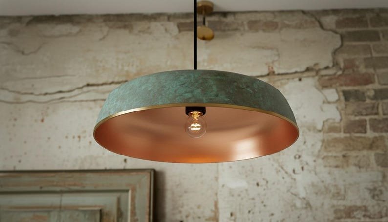 Green Patina Copper Saucer Pendant Light, Handmade Moroccan Wide Dome Hanging Lamp, Rustic Verdigris Copper Kitchen Island Chandelier, Boho Farmhouse Ceiling Light Fixture