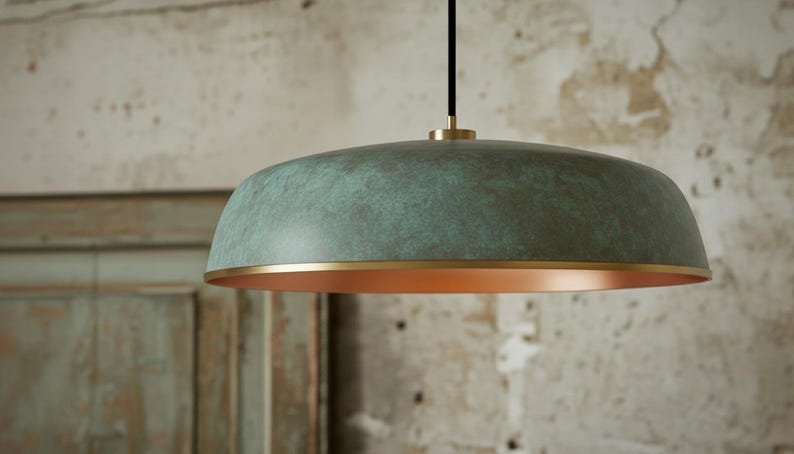 Green Patina Copper Saucer Pendant Light, Handmade Moroccan Wide Dome Hanging Lamp, Rustic Verdigris Copper Kitchen Island Chandelier, Boho Farmhouse Ceiling Light Fixture