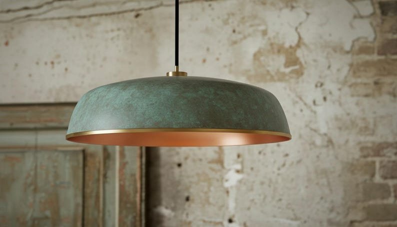 Green Patina Copper Saucer Pendant Light, Handmade Moroccan Wide Dome Hanging Lamp, Rustic Verdigris Copper Kitchen Island Chandelier, Boho Farmhouse Ceiling Light Fixture