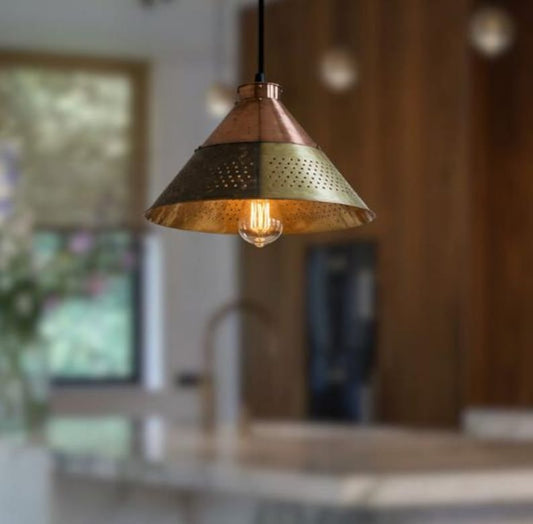Handmade Brass Pendant Light – Moroccan Copper & Olive Green Cone Hanging Lamp with Perforated Band for Kitchen Island, Dining Room & Boho Home Décor