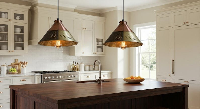 Handmade Brass Pendant Light – Moroccan Copper & Olive Green Cone Hanging Lamp with Perforated Band for Kitchen Island, Dining Room & Boho Home Décor
