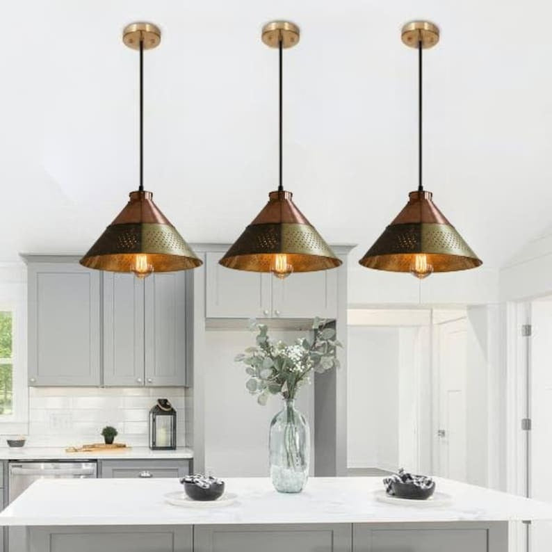 Handmade Brass Pendant Light – Moroccan Copper & Olive Green Cone Hanging Lamp with Perforated Band for Kitchen Island, Dining Room & Boho Home Décor