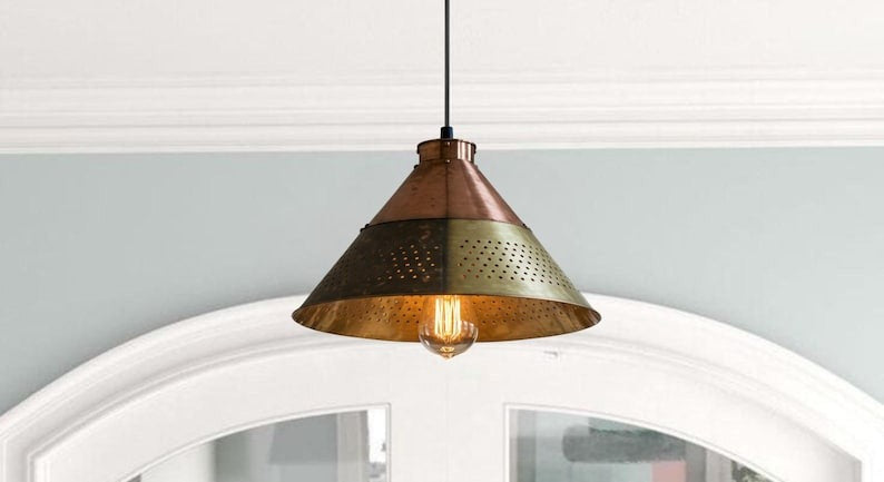 Handmade Brass Pendant Light – Moroccan Copper & Olive Green Cone Hanging Lamp with Perforated Band for Kitchen Island, Dining Room & Boho Home Décor