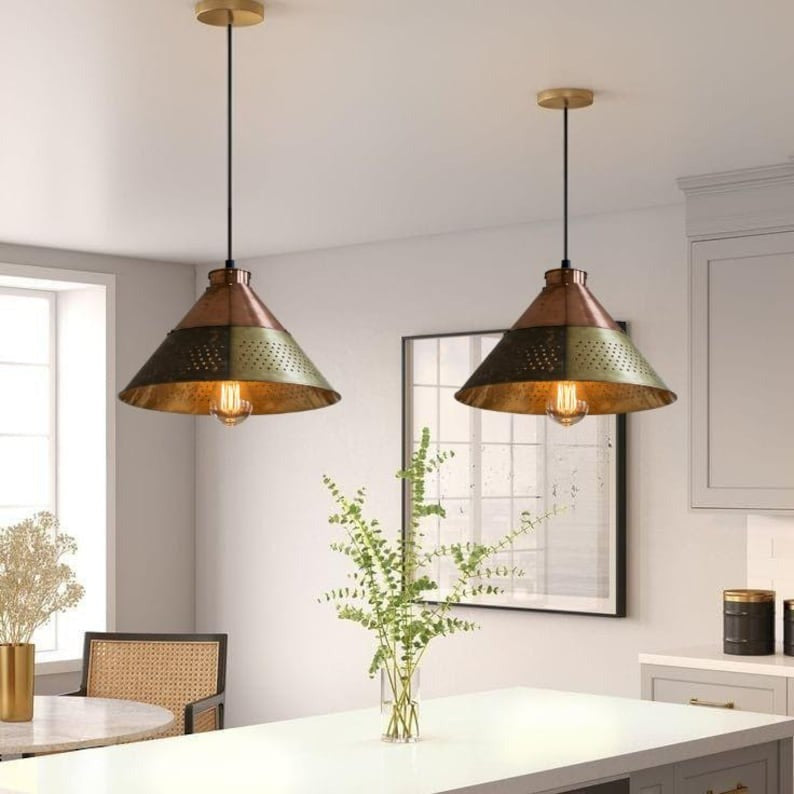 Handmade Brass Pendant Light – Moroccan Copper & Olive Green Cone Hanging Lamp with Perforated Band for Kitchen Island, Dining Room & Boho Home Décor
