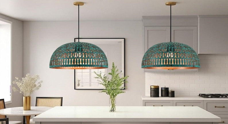 Handmade Pierced Brass Pendant Light – Green Patina Moroccan Dome Pendant Lamp for Kitchen Island, Dining Room, Entryway & Boho Home Décor